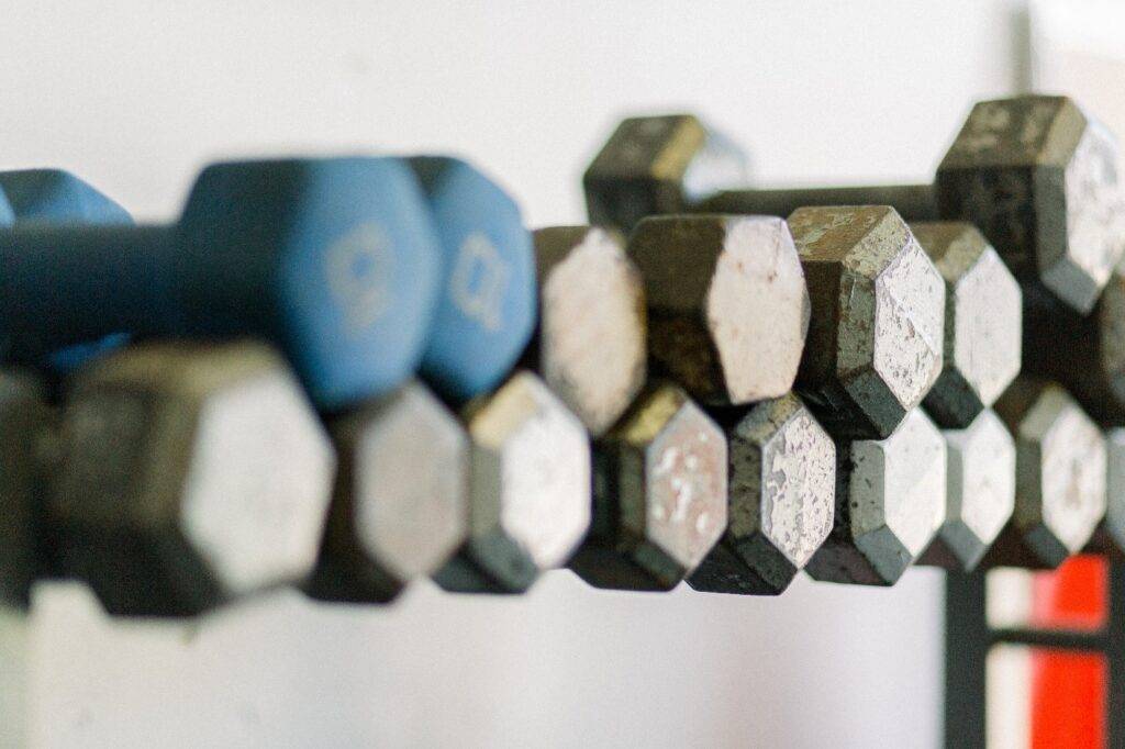 A close up of dumb bells. Two are different colors, symbolizing dual diagnosis